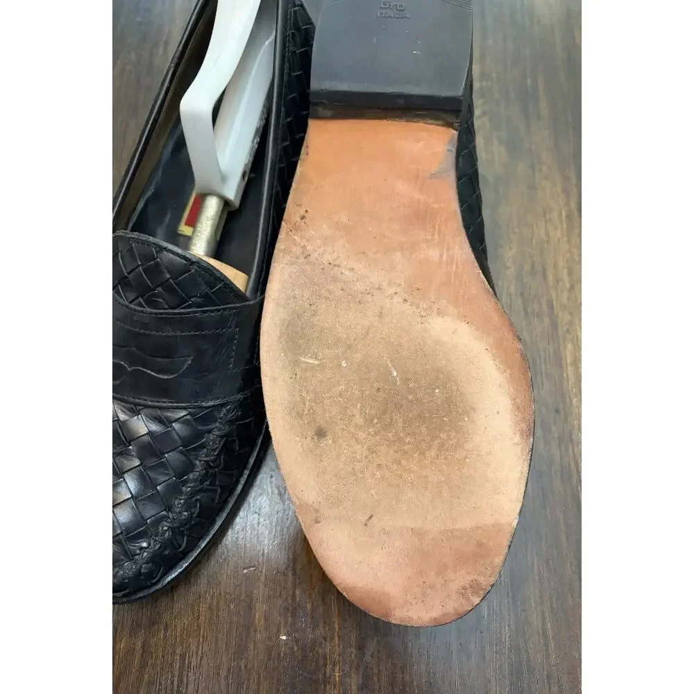 Mens 10.5 M Cole Haan Black Leather Woven Penny Loafers Dress Shoes